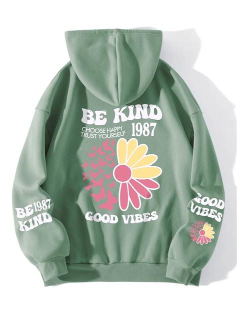 Floral And Slogan Graphic Kangaroo Pocket Drawstring Thermal Hoodie