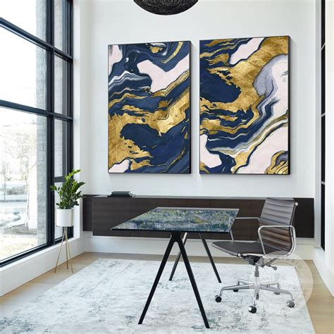 Navy Blue Gold Abstract Painting On Canvas Set Of 2 Pieces Navy Blue Pour Painting Extra Large