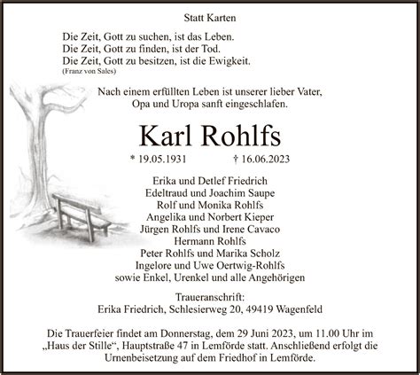 Traueranzeigen Von Karl Rohlfs Trauer Kreiszeitung De