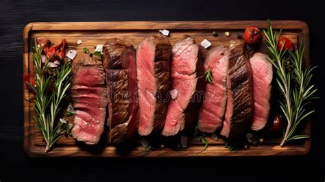 Delicious Grilled Steak Slices On A Rustic Wooden Tray Stock