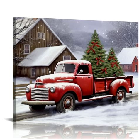 Florid Red Truck With Christmas Tree In The Snow Poster Canvas Painting