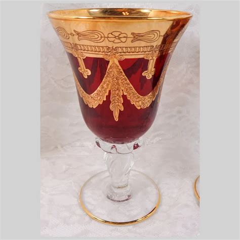 A Pair Of Italian Interglass Ruby Red Crystal Wine Goblets With 24K