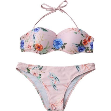 Floral Print Moulded Bandeau Bikini Set Pink Liked On Polyvore