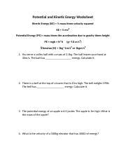 Potential And Kinetic Energy Worksheet 2 1 4 Doc Potential And