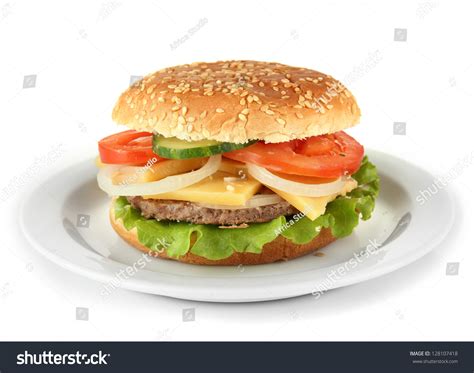 Tasty Cheeseburger On Plate Isolated On Stock Photo 128107418