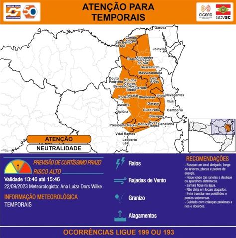 Chuva Em Brusque Deve Vir Acompanhada De Raios E Queda De Granizo