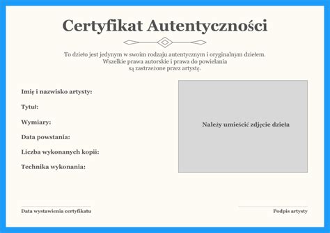 Certyfikat Autentyczno Ci Galeria Sztuki Blue Gallery