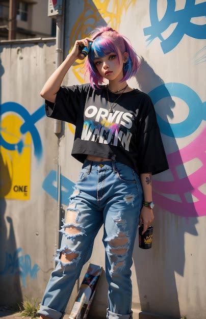 Premium Photo Beautiful Girl Posing In Front Of Graffiti Wall