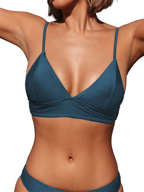 CUPSHE Bikini Top For Women Swimsuit V Neck Ribbed Adjustable Spaghetti Straps Bathing Suit