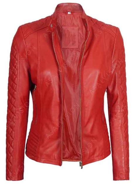 Women S Red Cafe Racer Leather Jacket With Quilted Sleeves Asal Vision