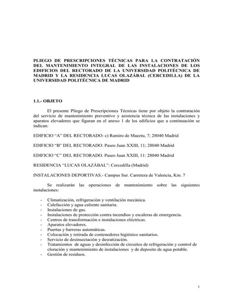 Pliego De Prescripciones T Cnicas Para La Contrataci N Del