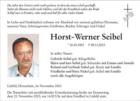 Traueranzeigen Von Horst Werner Seibel Vrm Trauer De