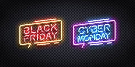 Letrero de neón aislado realista del logotipo de black friday y cyber