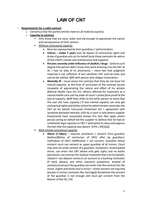 Law Of Contract Law Of Cnt Requirements For A Valid Contract O Consensus Btw The Parties