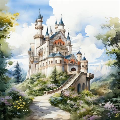 Aquarela Vector Castelo De Neuschwanstein Em Fundo Branco Vetor Premium