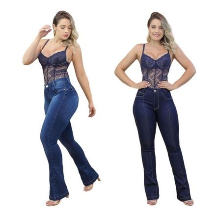 Kit Cal A Jeans Feminina Flare Cintura Alta Boca De Sino Modeladora