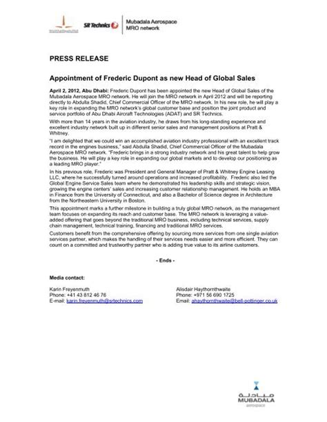 PRESS RELEASE Appointment Of Frederic Dupont As SR Technics