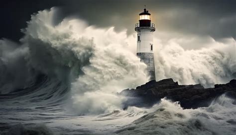 Tempestade Ondas Grandes Sobre O Farol No Oceano Foto Premium