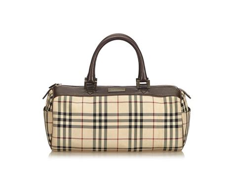 Burberry Plaid Coated Canvas Boston Bag Brown Multiple Colors Beige