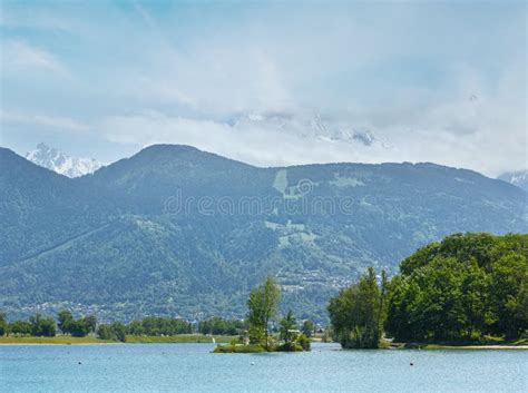 Lake Passy And Mont Blanc Mountain Massif Summer View Stock Photo