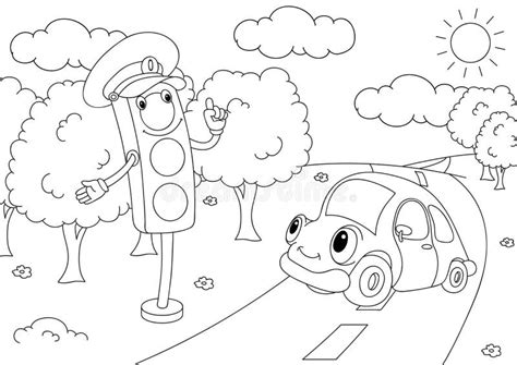 Coloring Page Outline Of Cartoon Car With Driver On Road Traffic Light