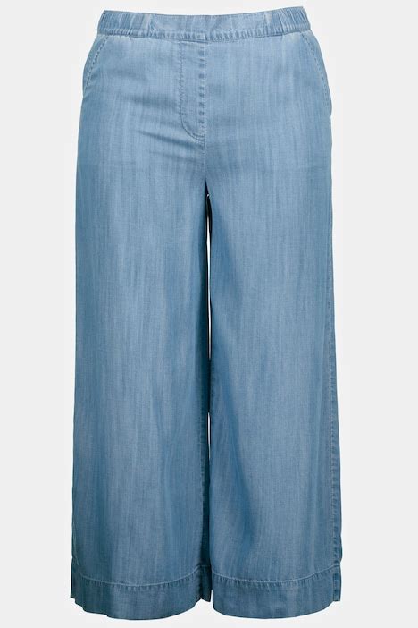 Denim Look Lyocell Elastic Waist Wide Leg Mary Fit Culottes Light Blue