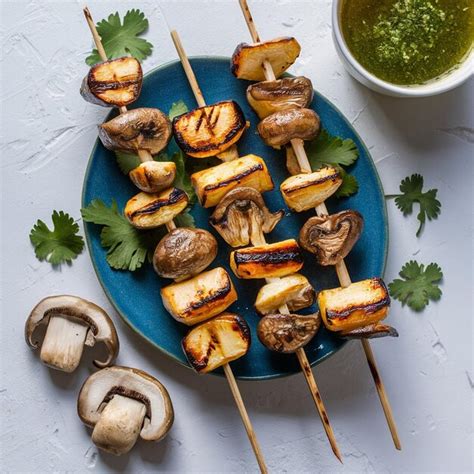 Grilled Halloumi Cheese And Mushroom Skewers Premium Ai Generated Image