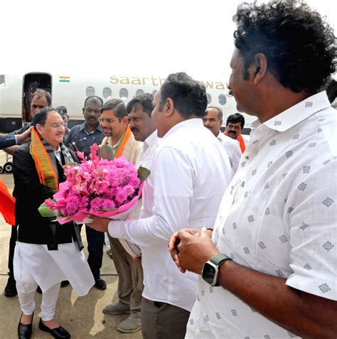 Bjp National President Jp Nadda Being Welcomed By Party Workers Upon His Arrival