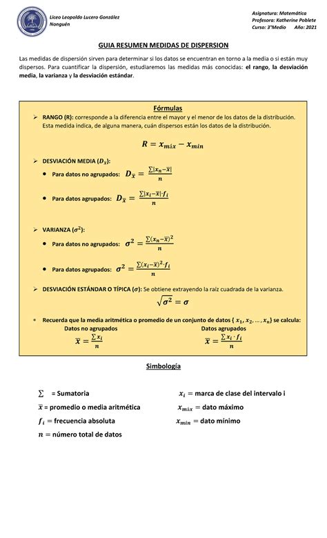 GUIA Resumen Medidas DE Dispersion Liceo Leopoldo Lucero Gonzlez