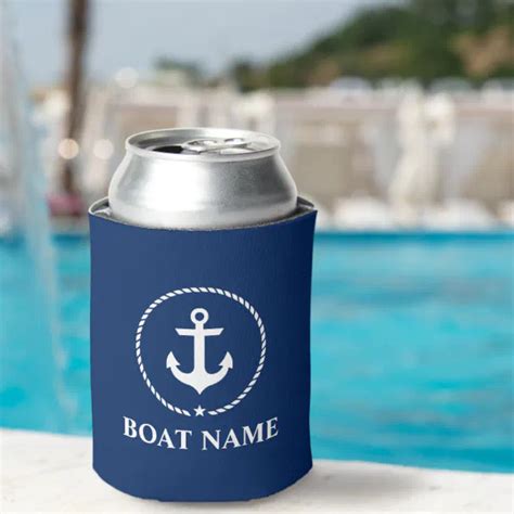 Nautical Boat Name Anchor Rope Navy Blue Can Cooler Zazzle