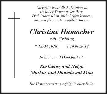 Traueranzeigen Von Christine Hamacher Trauer In NRW De