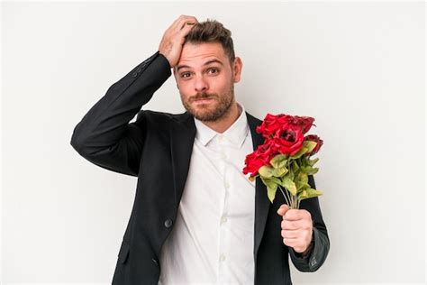 Jovem Homem Caucasiano Segurando O Buqu De Flores Isolado No Fundo