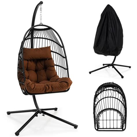 Patio Hanging Egg Chair With Stand Waterproof Cover And Folding Basket