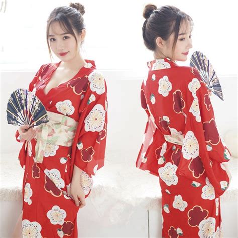 Japanese Women Kimono Yukata With Obi Classic Print Flower Cosplay