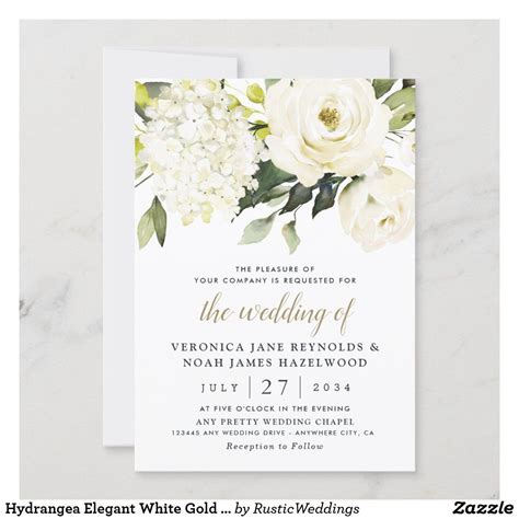 Hydrangea Elegant White Gold Rose Floral Wedding Invitation Simple