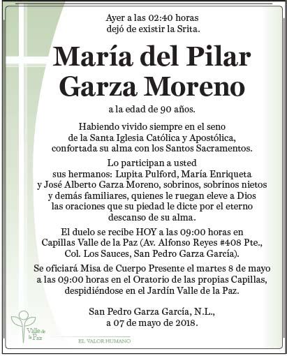 Señorita María del Pilar Garza Moreno Obituario Esquela