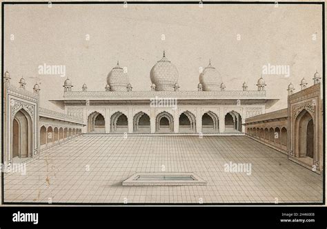 Agra Fort Moti Masjid View Of The Courtyard Watercolour Drawing By