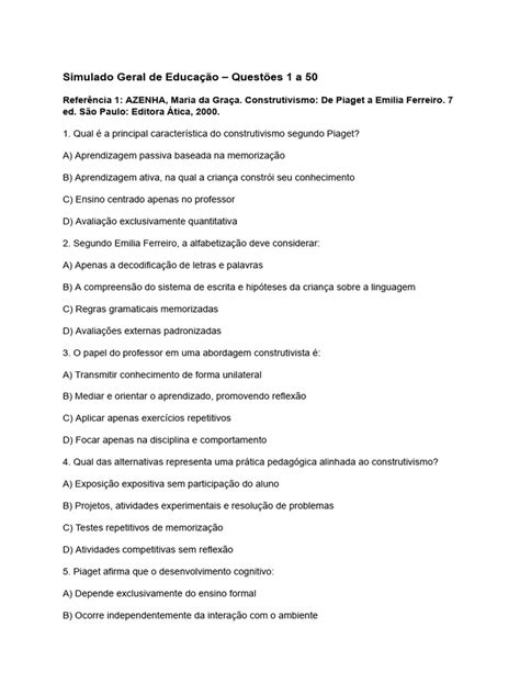 Simulado Pedagogia - Simulado de Educação: Questões e Referências | PDF | Pedagogia ...