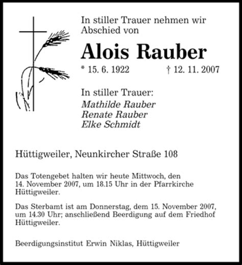 Traueranzeigen Von Alois Rauber Saarbruecker Zeitung Trauer De