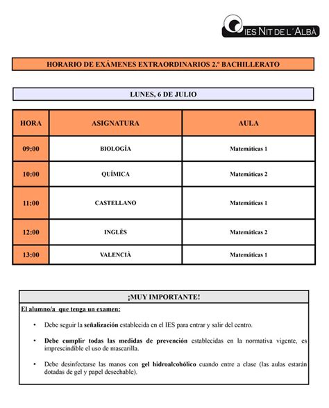 Horario exámenes extraordinarios bachillerato y CFGM IES NIT DE L ALBÀ