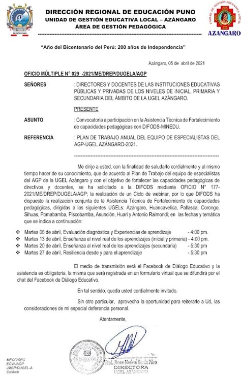 DIÁLOGO EDUCATIVO AZÁNGARO OFICIO MÚLTIPLE N 029 2021 ME DREP DUGELA