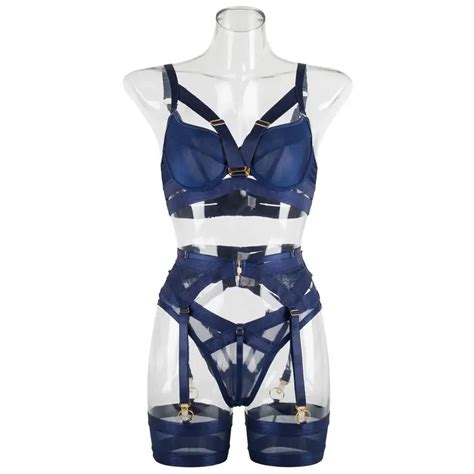 Sexy Lingerie For Fine Women Navy Blue Sex Suit See Through Crotchless Panties Erotic Intimate