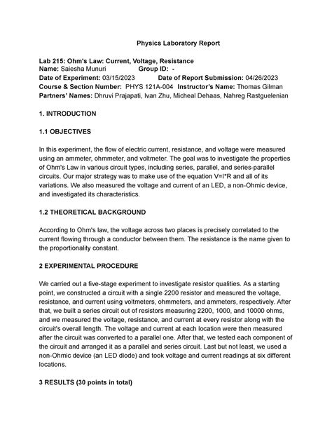 Lab Report On Ohms Law Physics Laboratory Report Lab Ohm S