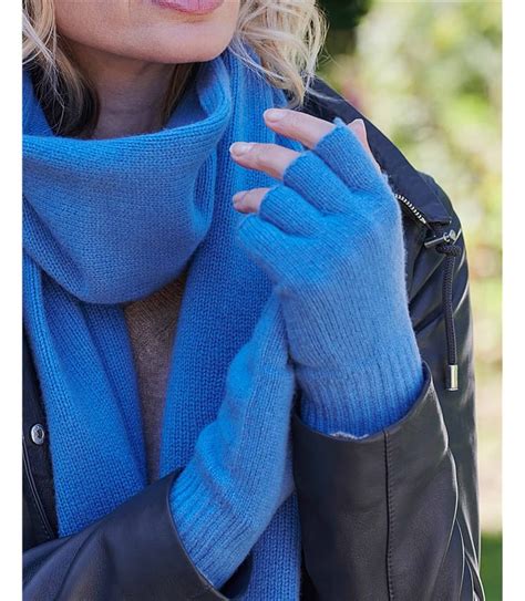 Brilliant Blue Womens Lambswool Fingerless Gloves Woolovers Uk