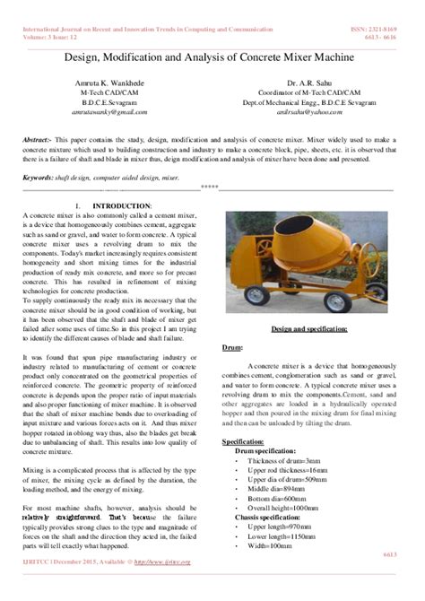 (PDF) Design, Modification and Analysis of Concrete Mixer Machine