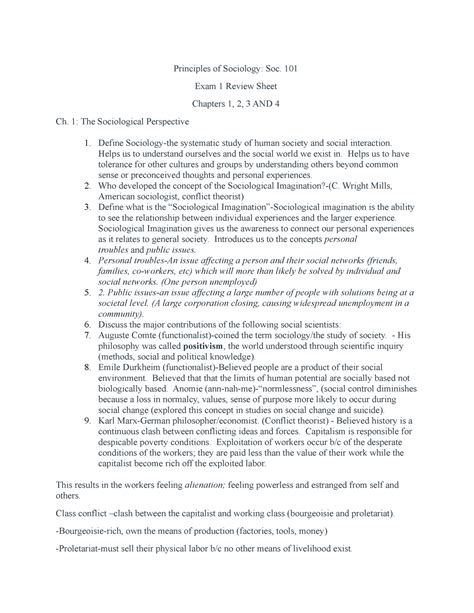 Principles Of Sociology 101 Exam 1 Review Sheet Chapters 1 2 3 AND