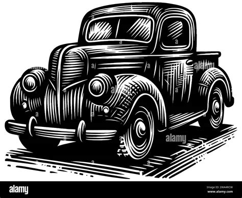 Ilustraci N De Estilo Woodcut De Una Camioneta Vintage En Blanco Y