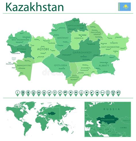 哈萨克斯坦详细介绍了地图和国旗 世界地图的哈萨克斯坦 向量例证 插画 包括有 大陆 设置 213766400