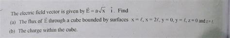 The electric field vector is given by Ē = ax i. Find (a) The flux of Ē ...