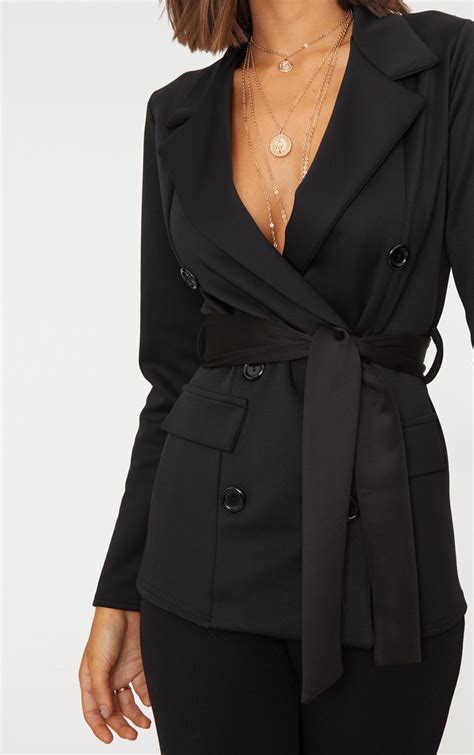 Black Double Breasted Belted Blazer Prettylittlething Usa